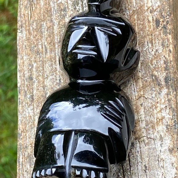 Aztec Black Onyx Gold Mayan Obsidian Carved Statue Stone Sitting Tiki Figure - Picture 3 of 13